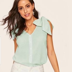 Women's Bow Shoulder Button Front Sleeveless Top